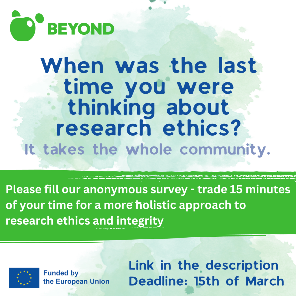 Blue text on light background reading "When was the last time you were thinking about research ethics?" followed by a call to answer Beyonds' public consultation, by clicking link button on front page.