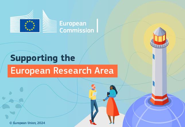 Graphic with two persons and a lighthouse in the background. Text: "Supporting the European Research Area"